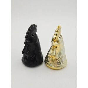 Vintage Style Ceramic Rooster Head Salt and Pepper Shakers Black and Gold Set